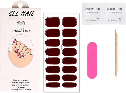 Reddish Brown Semi Cured Gel Nail Strips Stickers Solid Color Gel Polish Strips Design Waterproof