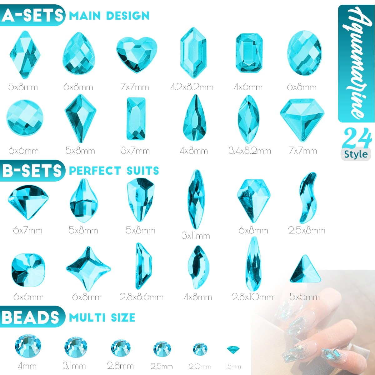 4 Boxes Aquamarine Nail Rhinestones Glitters 24 Shapes K9 Glass Lake Blue Gems Flatback Round Stones Diamonds Crystals Water Blue Nail Art Charms for Nails Face Eyes Makeup Crafts Tumblers