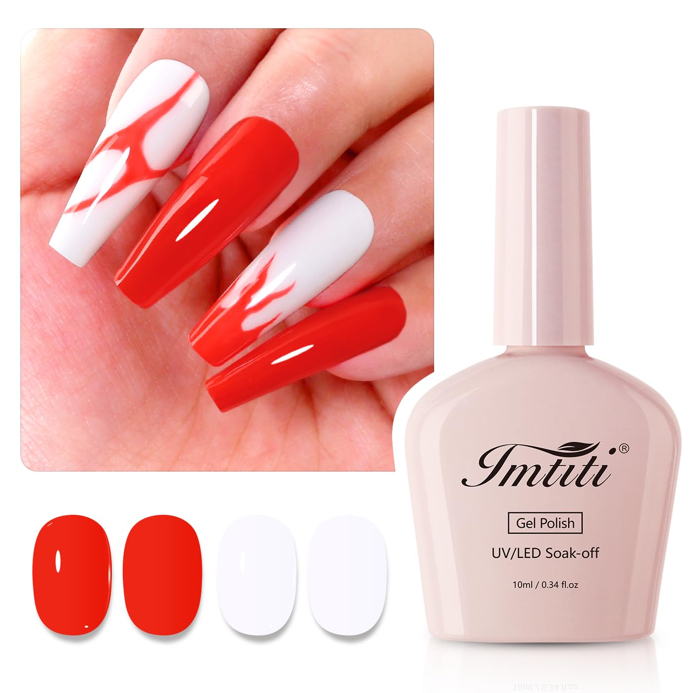 Imtiti Gel Nail Polish Kit, 2 Pcs 10ml Bright Red & White Colors Gel Polish Soak Off UV LED Spring Summer Red Gel Polish Nail Art Manicure Salon DIY Design Gel Nail Kit