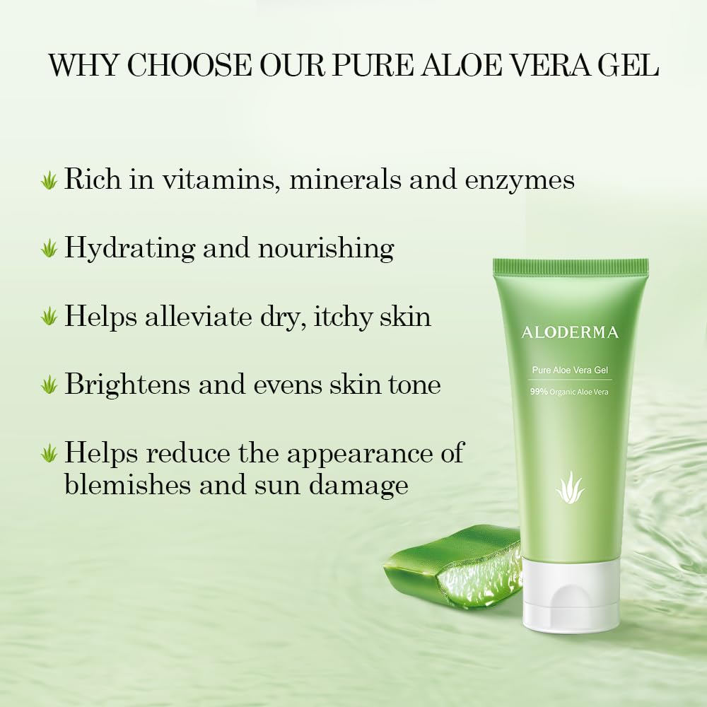 Aloderma 99% Organic Aloe Vera Gel Made within 12 Hours of Harvest, Easy Travel Size Tube for Body, Face, & Scalp, Cooling & Soothing Support for Skin & Sunburn, Hydrating Aloe Gel, 1.5oz - 2ct