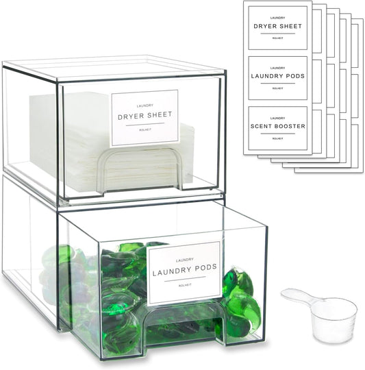 4 Pack Laundry Room Organization Storage Drawers with Labels, Clear Stackable Dryer Sheet Holder