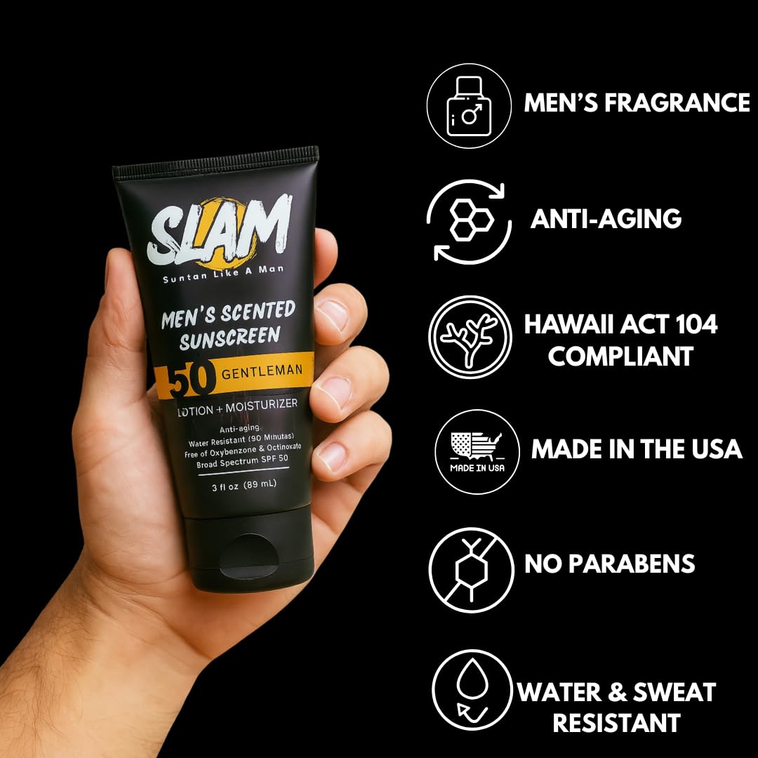 SLAM GentleMan Men's Sunscreen Lotion SPF 50 & Moisturizer – Face & Body Sunblock, Anti-Aging, Water-Resistant, Hawaii Act 104 Safe, Skincare for Men, Cologne Scented – 3 fl oz. each. Double pack.