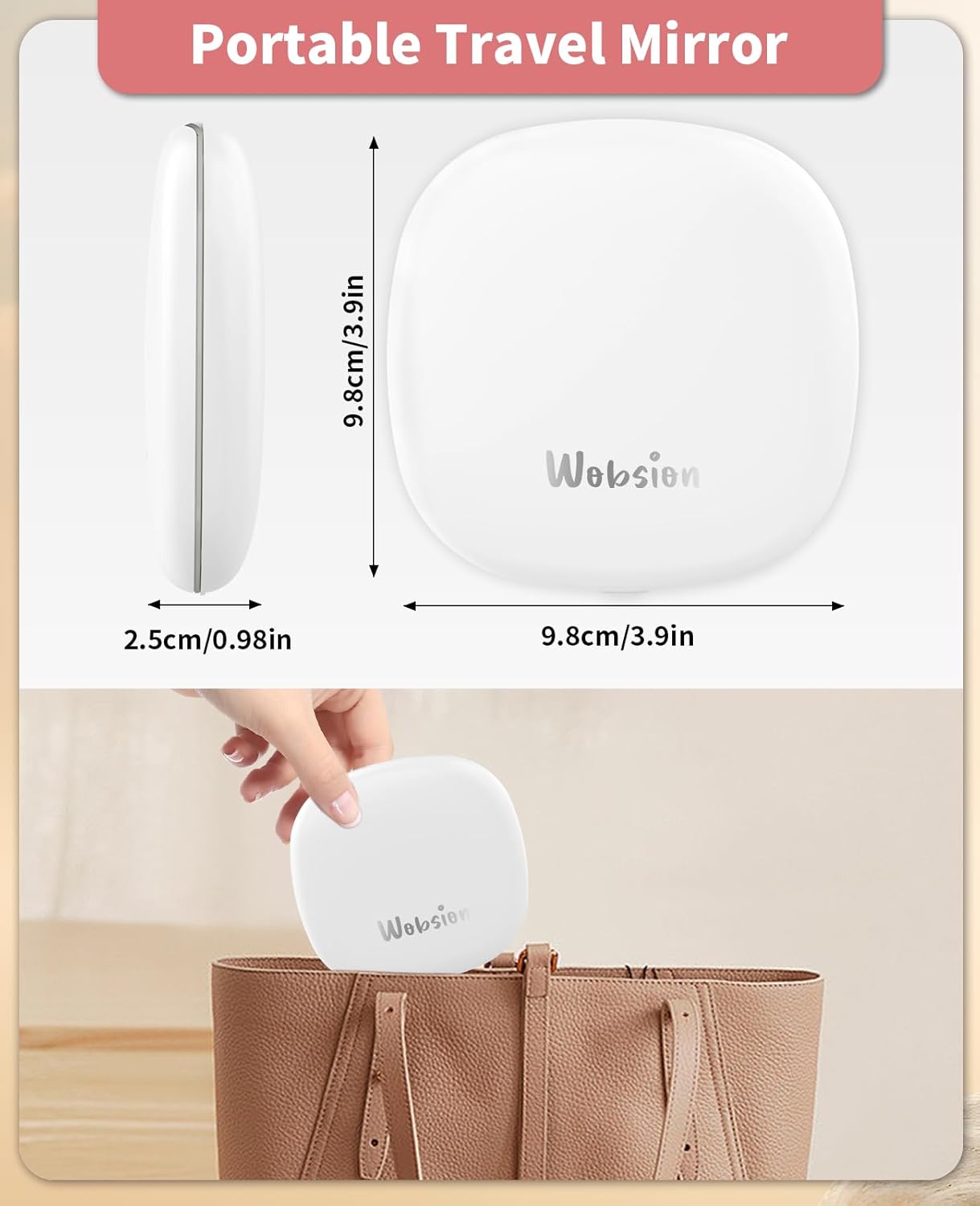 WOBSION Rechargeable Lighted Travel Makeup Mirror,1x/10x Compact Magnifying Mirror with Lights,Portable for Bag,4inch,Gift,White