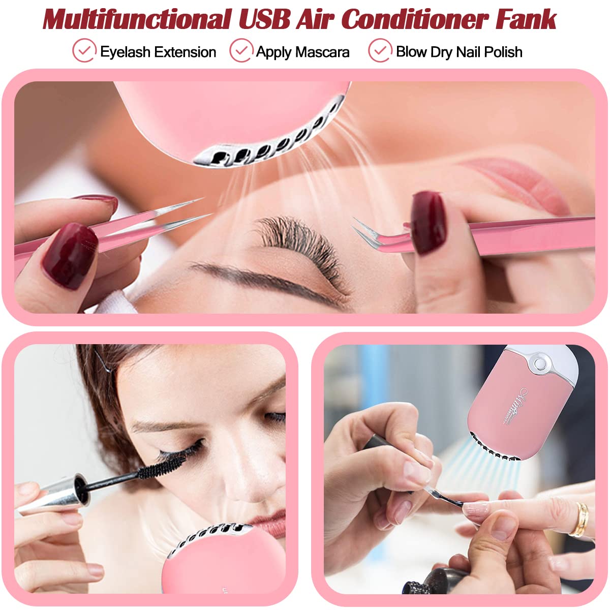 Eyelash Extension Supplies USB Air Conditioning Blower Facial Mister Lash Tweezers Mirror Mascara Brush Lash Shampoo Brush Bottle Silicone Pad Glue Rings Under Eye Gel Pads Micro Applicators Tapes