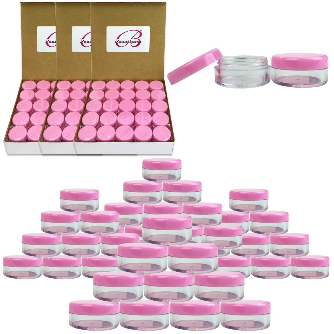 (Quantity: 200 Pcs) Beauticom 5G/5ML Round Clear Jars with Pink Lids for Cosmetics, Medication, Lab