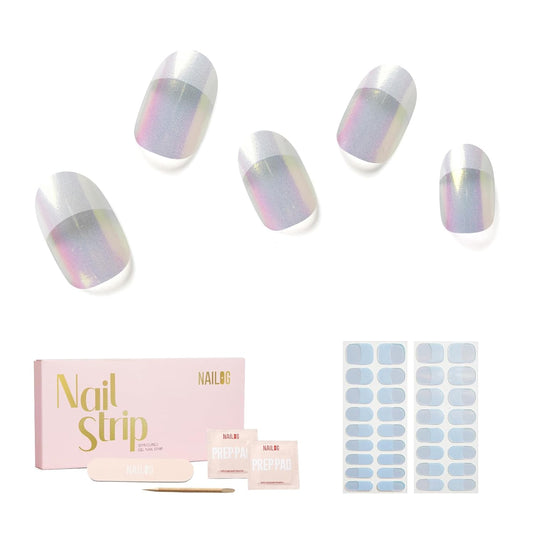 Semi Cured Gel Nail Strips - NAILOG 34 Pcs French Clear Glitter Nail Stickers Extra Long Wraps with