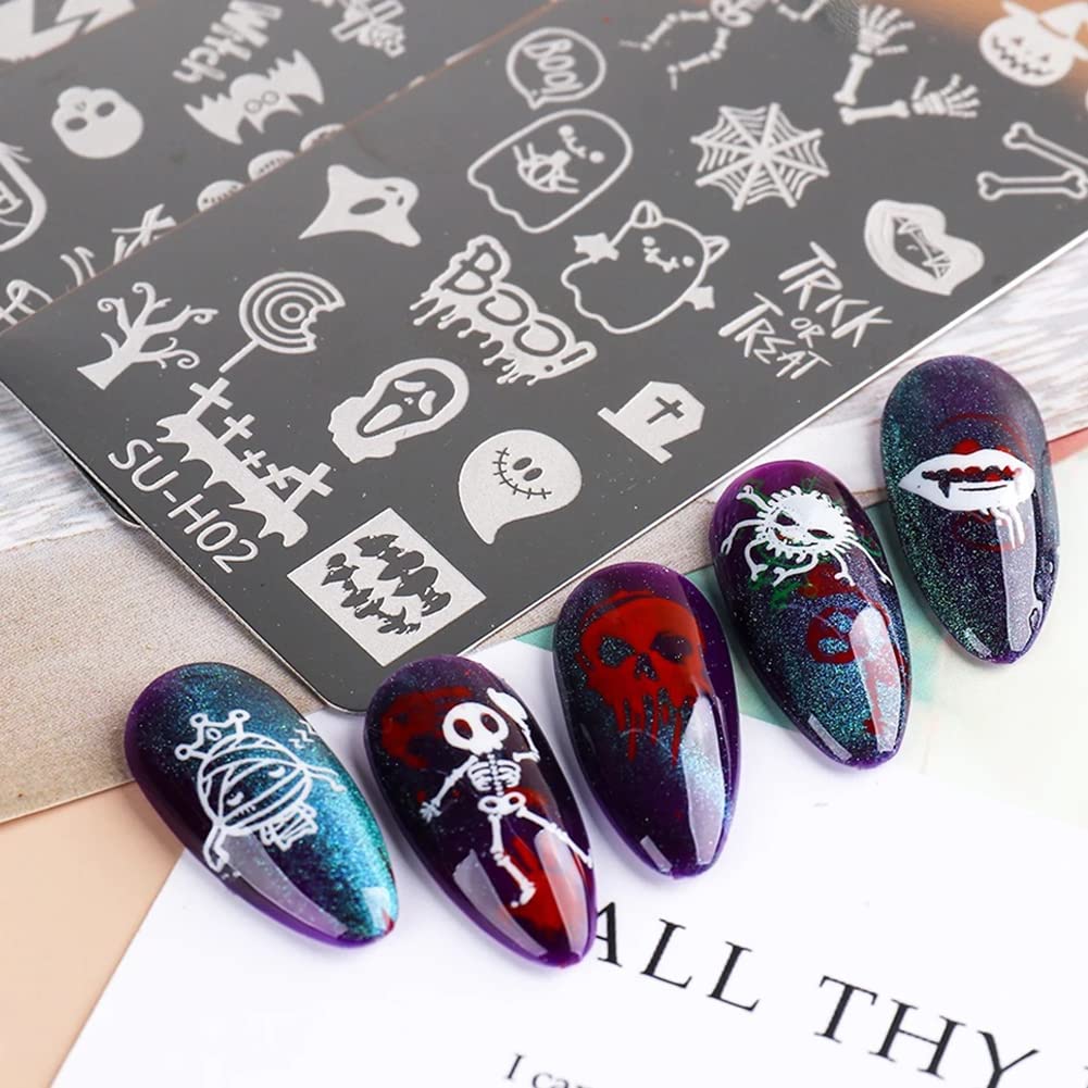 Halloween Nail Stamper Kit: 6 Pcs Stamp Template Plates with 1 Stamper, 1 Scraper - Horror, Ghost, Pumpkin, Skull, Bone Images - DIY Nail Art Set