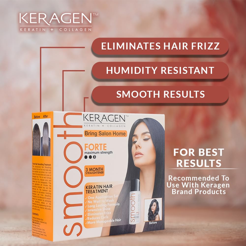 Keragen Brazilian Keratin Hair Smoothing Treatment - Express Home Blowout Kit - Straightens & Smooths Frizz - With 2 Oz Forte Treatment, Clarifying Shampoo & Aftercare Samples