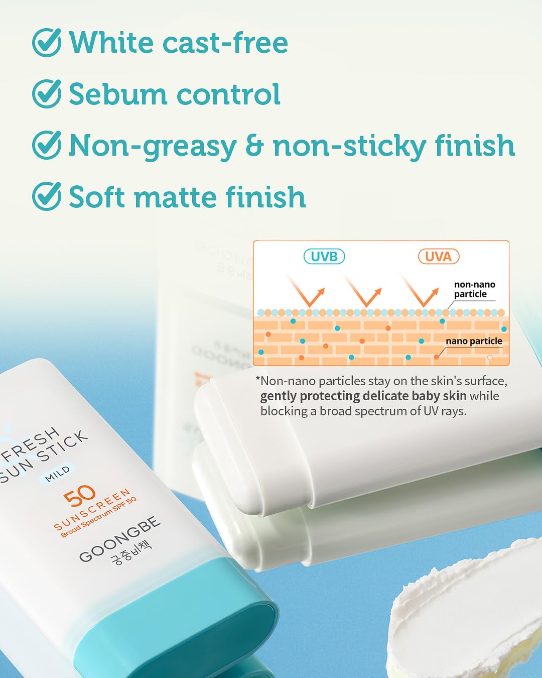 Fresh Sun Stick Mild SPF 50 - No White Cast Zinc Oxide Mineral Sunscreen Stick Balm - Non Greasy Soft Matte Finish - Travel Friendly for Babies, Kids & Adults - Vegan, Reef-Safe, 0.49oz.