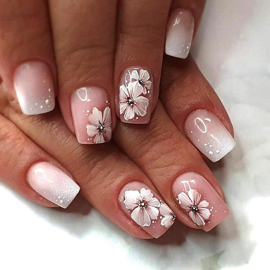 Summer Fall Press On Nails Short Square, Nude Fake Nails Featuring a Nude-to-White Gradient and