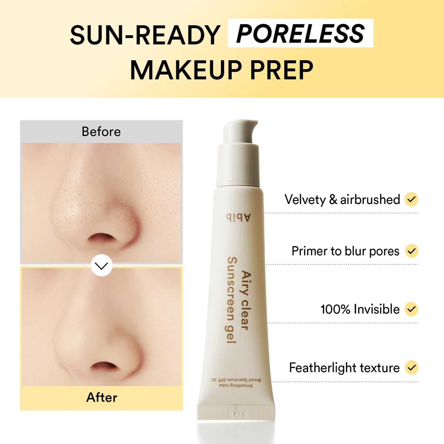 Abib Airy Clear Sunscreen Gel SPF 30, 1.01 fl.oz (30 g), Semi-matte, Pore-smoothing Primer with