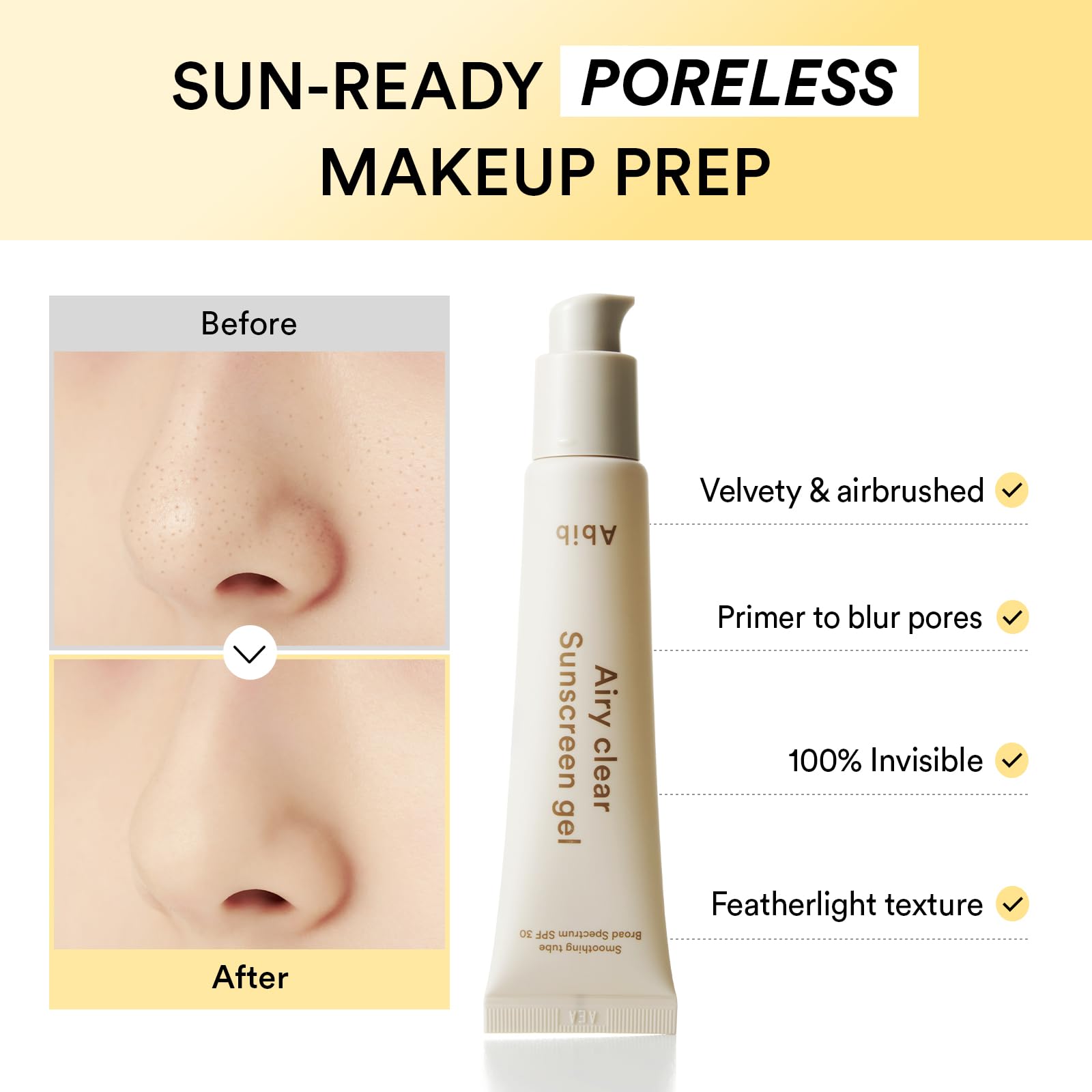 Abib Airy Clear Sunscreen Gel SPF 30, 1.01 fl.oz (30 g), Semi-matte, Pore-smoothing Primer with
