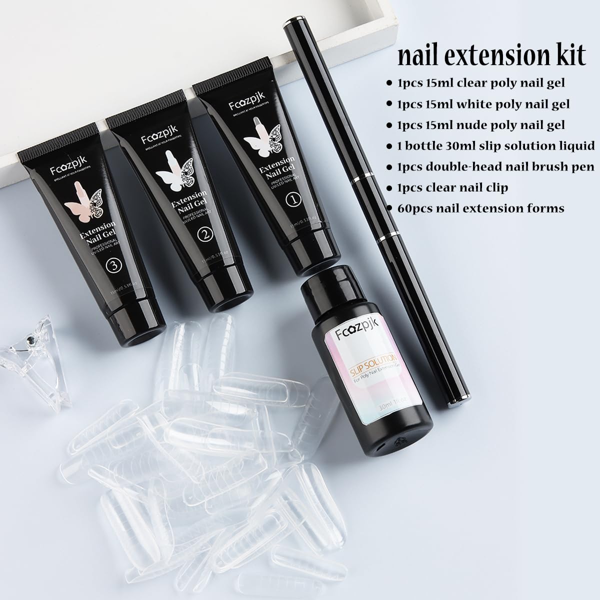 Poly Extension Gel Nail Kit, Clear White Pink With Slip Solution Dual Builder Nail Forms, Clips for Poly Gel, Starter Kit for Home Manicure Set, Nude