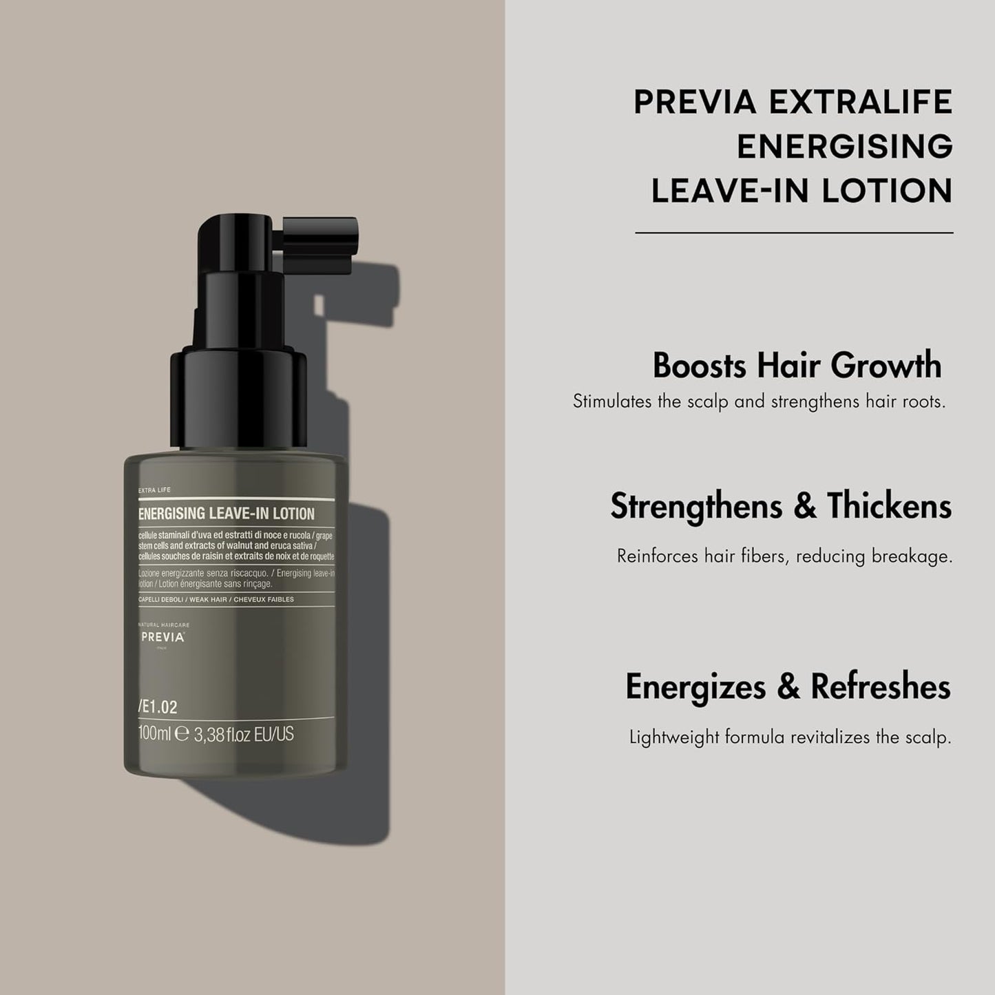 PREVIA Extralife Energising Leave-In Organic Lotion - Hair Loss Treatment - Promotes Fuller, Thicker Hair - All Natural & Organic - 3.38 oz