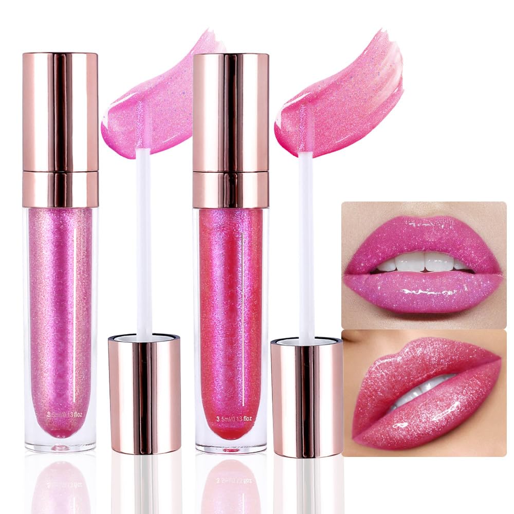 evpct 2Pcs Blush Red Pink Pearlescent Chameleon Shimmer Glitter Lipstick Lip Gloss, Long Lasting Waterproof Glitter Metallic Sparkly Glossy Lip Gloss Tint Stain Liquid Lipsticks Makeup Set for Women