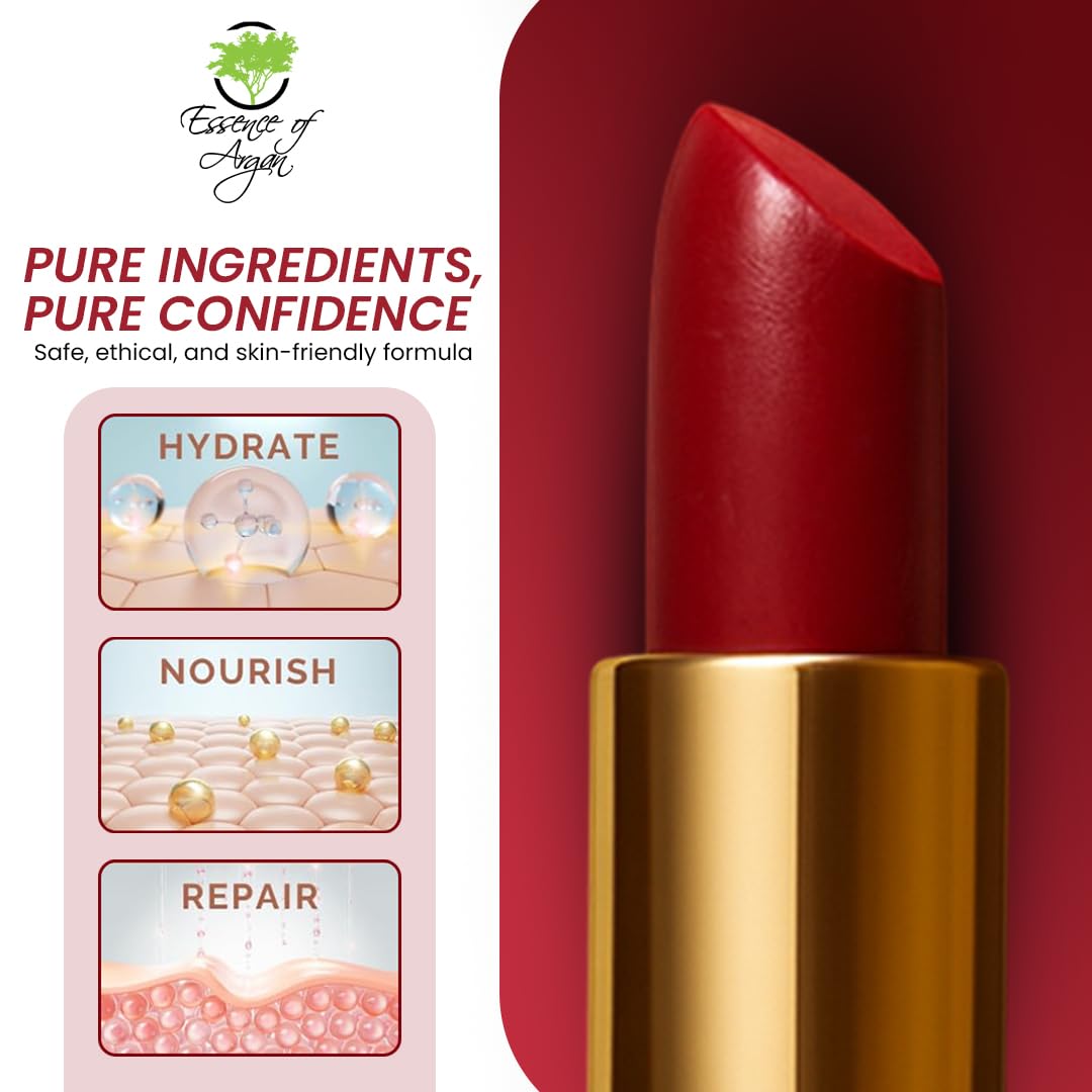 𝗘𝘀𝘀𝗲𝗻𝗰𝗲 𝗼𝗳 𝗔𝗿𝗴𝗮𝗻 Moisturizing Deep Red Lipstick, Tinted Lip Balm with Pure Organic Argan Oil, Shea Butter Lip care, Lip Moisturizer, Long Lasting Lipstick Cabernet