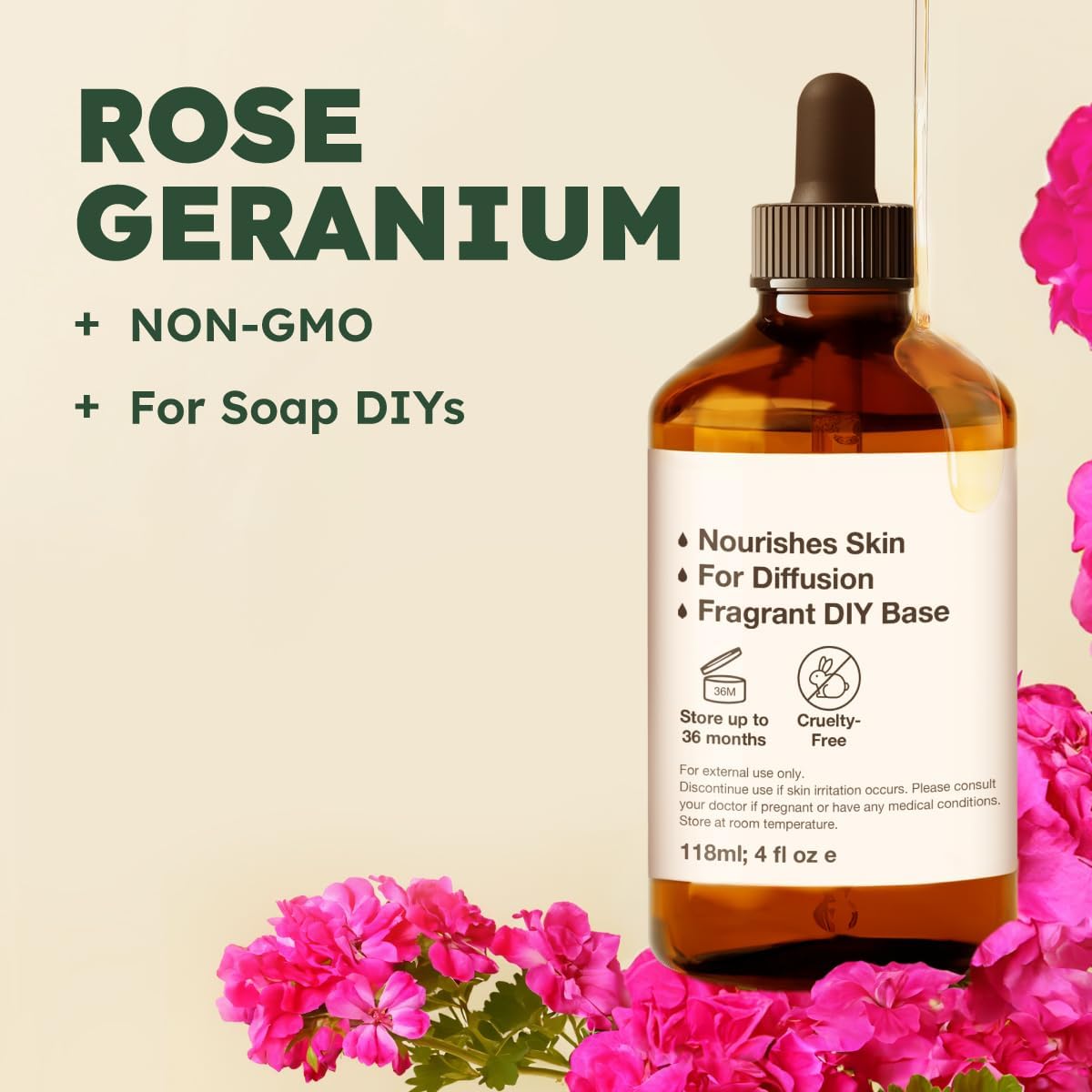 Kukka Rose Geranium Essential Oil for Skin - 4 Fl Oz - Geranium Oil for Diffuser & Aromatherapy, DIY Soap Making Scents