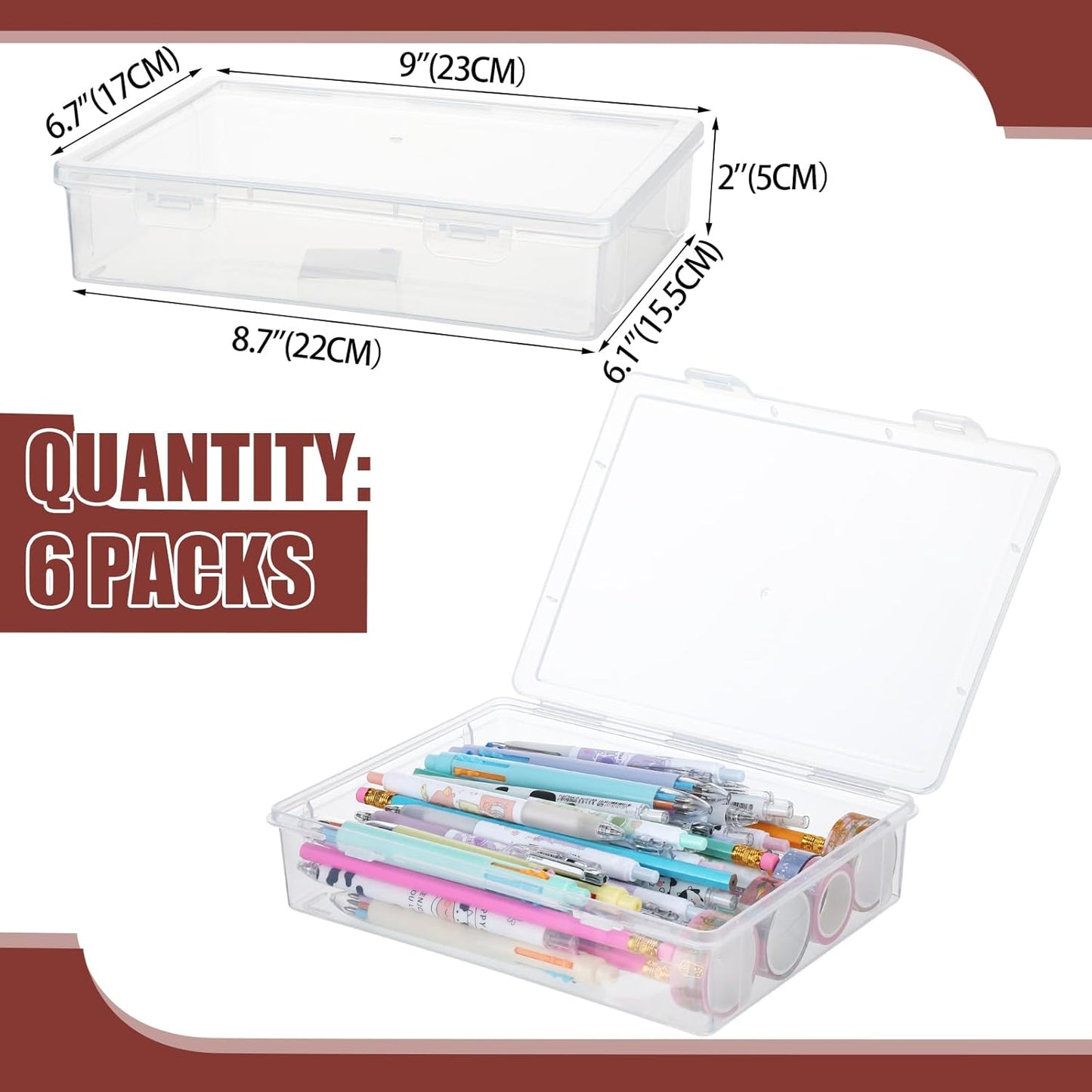 Qunclay 6 Pcs 9 x 8.7 x 2 inches Plastic Storage Box with Lid Multipurpose Craft Organizers Plastic Containers Clear Pencil Case Art Satchel Storage Case for Beads Ornaments Crafts Accessories