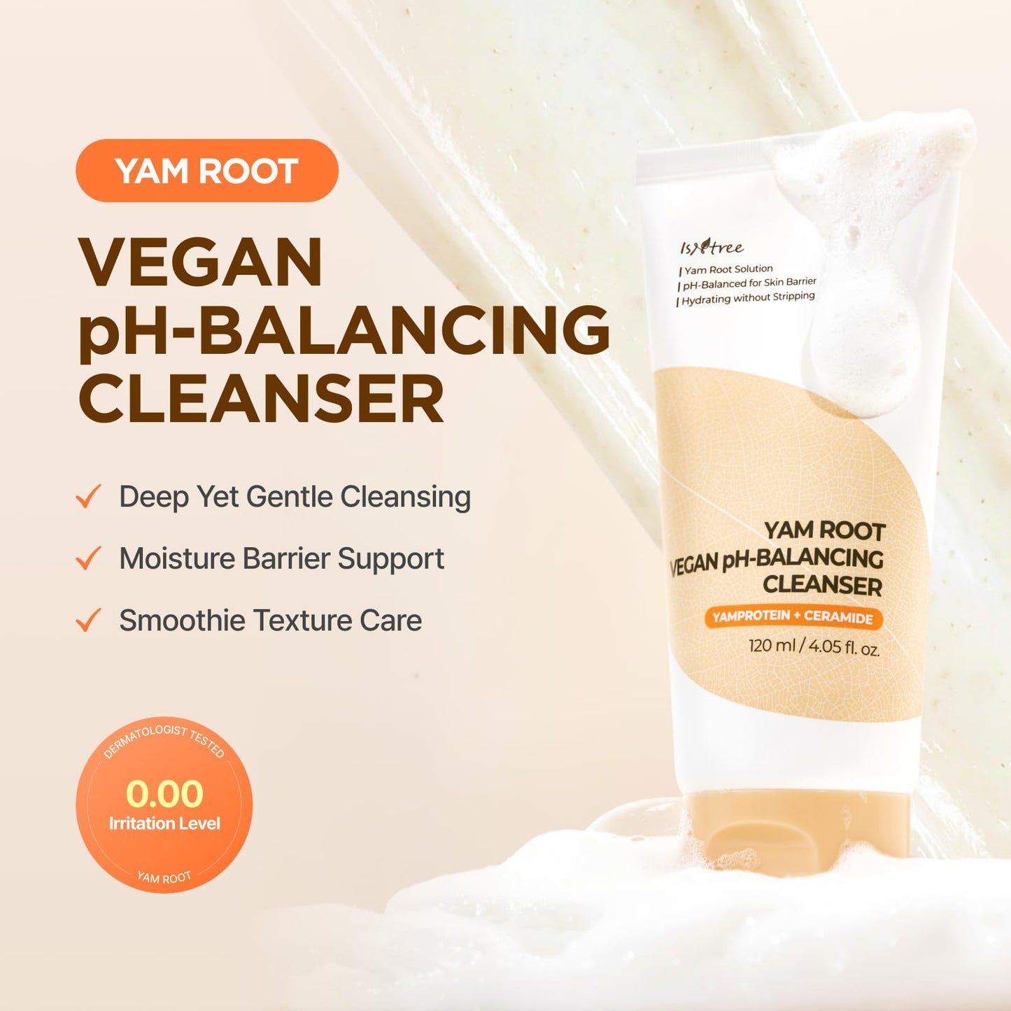 IsNtree Yam Root Vegan pH-Balancing Cleanser 120ml 4.05 fl.oz – Hydrating Low pH Cleansing Foam |