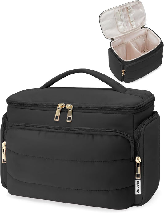 WANDF Travel Toiletry Bag for Women, Wide-open Large Makeup Bag with Handle, Puffy Makeup Organizer for Toiletries, Cosmetics, Accessories, Essentials (Black)