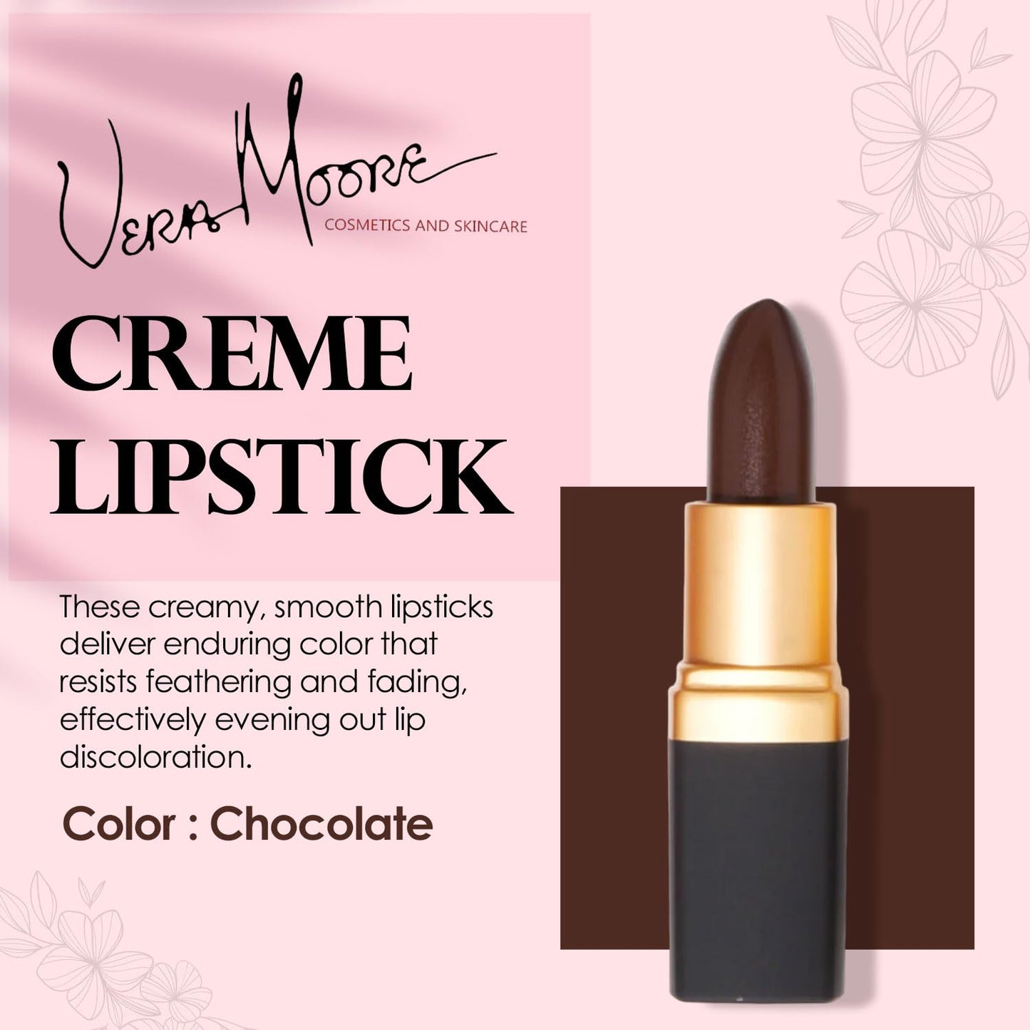 Vera Moore Cosmetics Soft Creme Lipstick - with Maximum Hydration & Moisture, Long Lasting Light Weight Opaque Color & Staying Power - Won't Feather or Fade - Fragrance & Paraben Free (Chocolate)