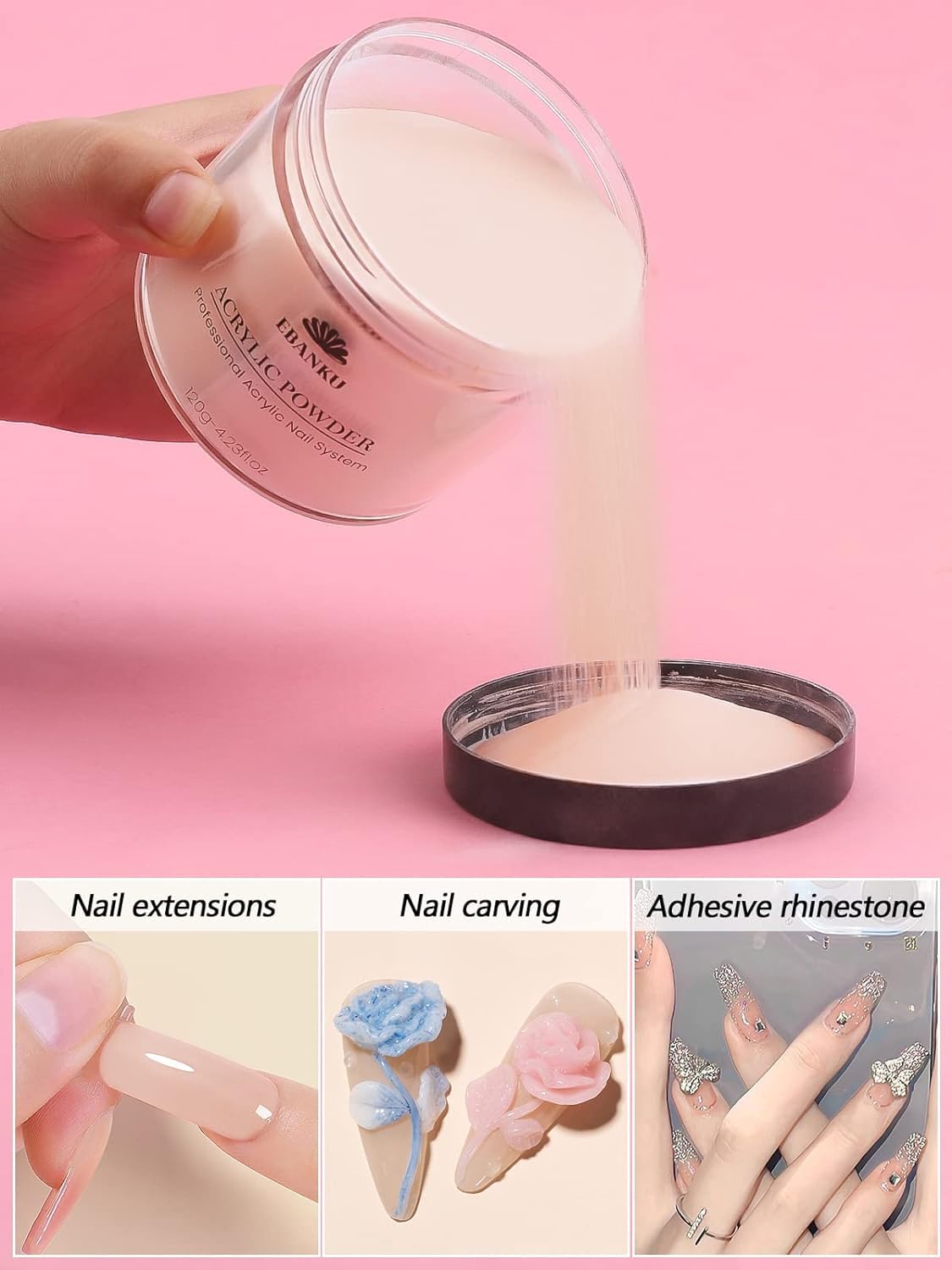 EBANKU Acrylic Powder Set 4 Colors Acrylic Nail Powder Nude Pink White Clear Acrylic Powder for Acrylic Nail Extension Nail Carving, Long-Lasting, No Nail Lamp Needed, Large Capacity 4.23oz*4