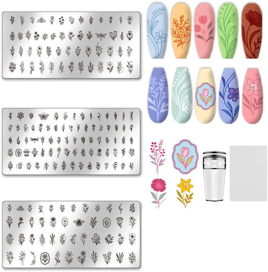 UNICRAFTALE 3Pcs Nail Stamp Plates Set Flower Stamping Plate Flower Leaves Stamp Templates Image Nail Stencils Nail Art Plates with Nail Scraper for Women DIY Nail Design Tools