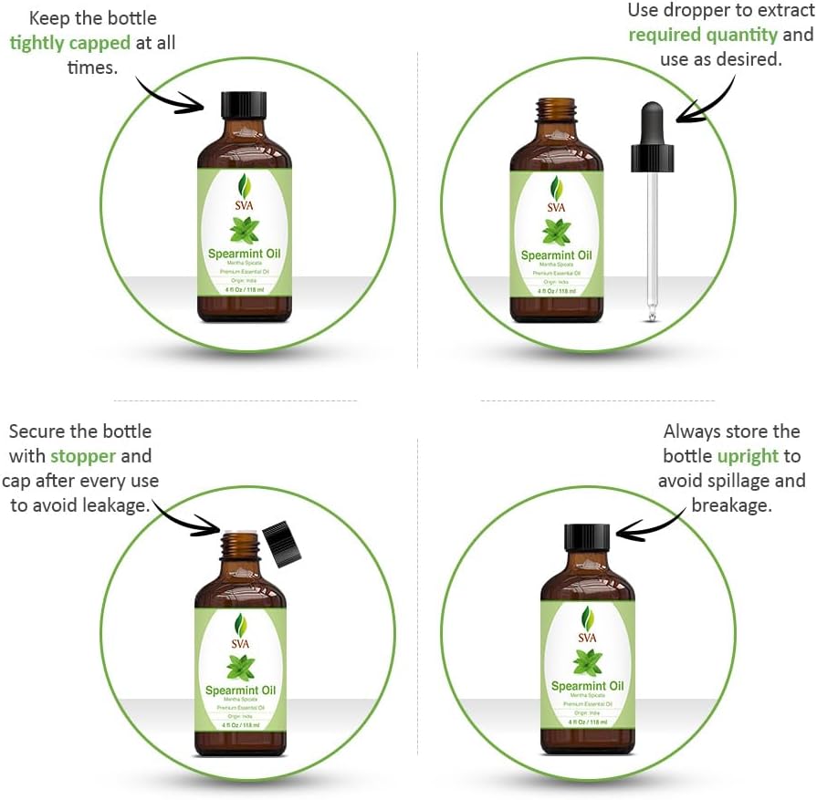 SVA Spearmint Essential Oil – 4 Fl Oz – 100% Natural Spearmint Oil - for Diffuser, Hair Care, Face, Skin Care, Aromatherapy, Scalp and Body Massage, Soap and Candle Making – with Dropper