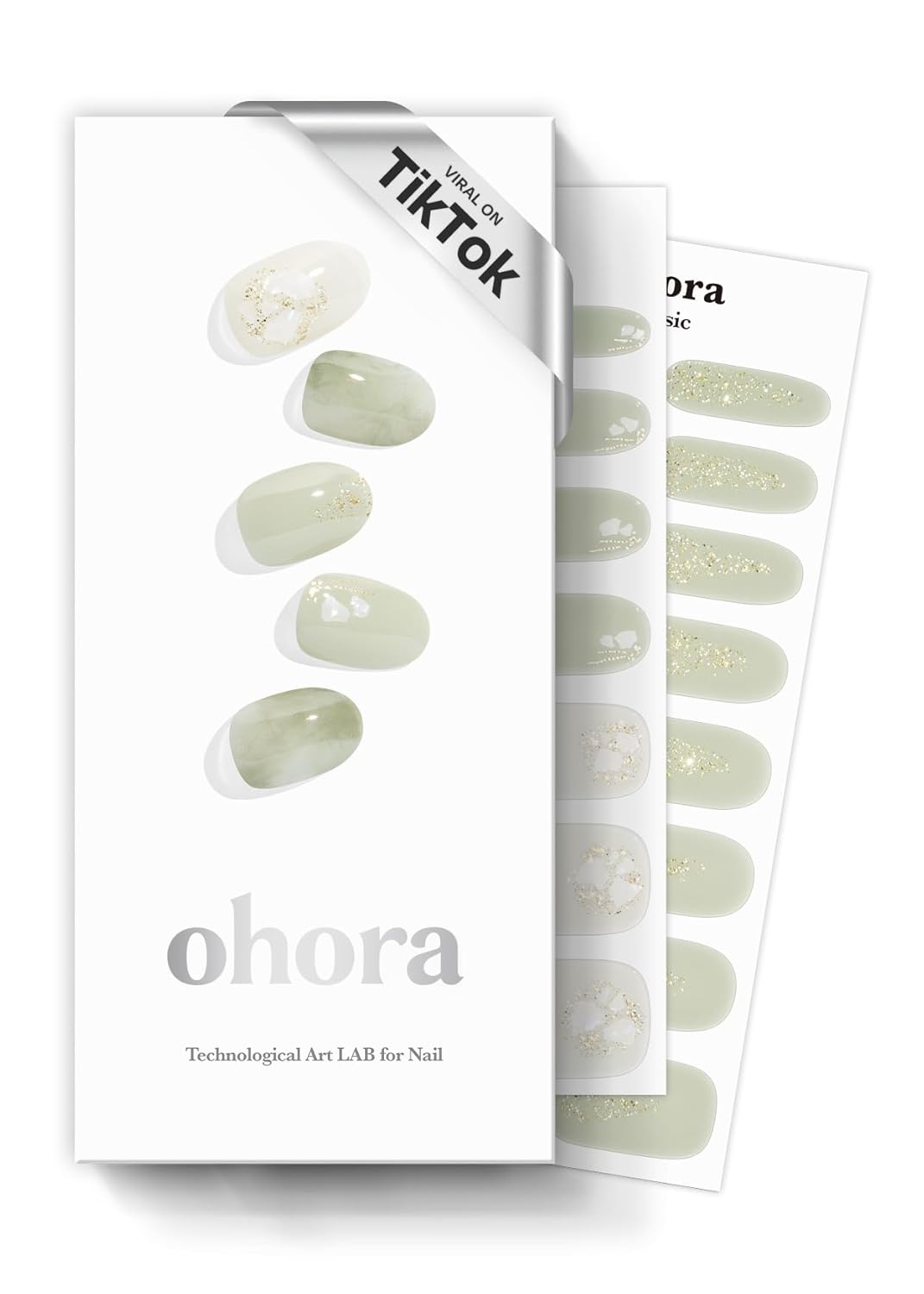 ohora Semi Cured Gel Nail Strips (N Green Tea) - Works with Any Lamps, Salon-Quality, Long Lasting, Easy to Apply & Remove - Includes 2 Prep Pads, Nail File & Wooden Stick