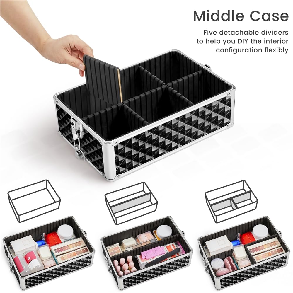 Yaheetech Rolling Makeup Train Case 3 in 1 Cosmetic Case Professional Makeup Suitcase Large Aluminum Cosmetic Trolley with Swivel Wheels and Key, Diamond Pattern- Black