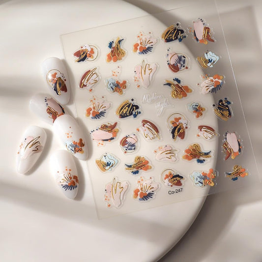 Fall Nail Art Stickers 3D Embossed Oil Painting Nail Stickers, Self-Adhesive Durable Nail Art