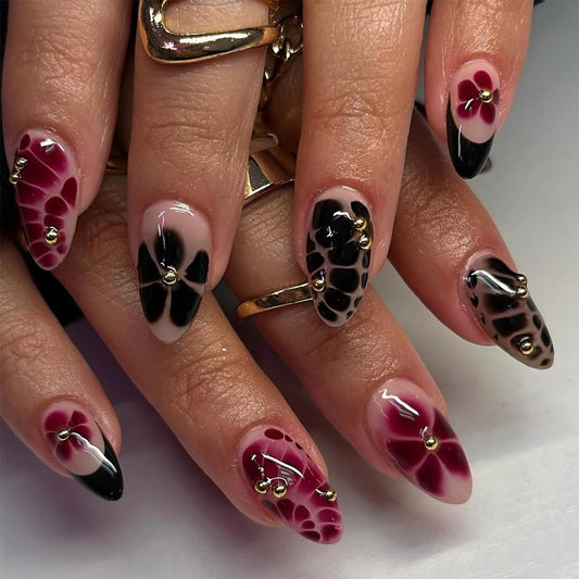 French Press On Nails Short Almond Shape, Summer Fall Fake Nails Adorned with Black and Burgundy