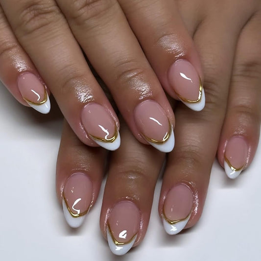 French Press On Nails Short Almond, Nude Fake Nails with White French Tip and 3D Minimalist Gold