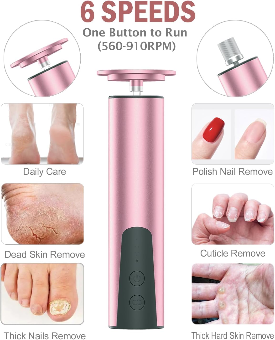 Electric Foot Callus Remover & Nail Drill - 2 in 1 Rechargeable Foot File Grinder Nail Polish Remover - 6 Speed Pedicure Tool Dead Skin Remover for Dry Cracked Feet - Grater Buffer for Feet for Women