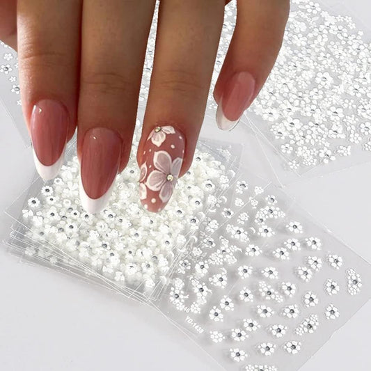 White Flower Nail Art Stickers White Flower with Rhinestones Nail Decals 3D Self Adhesive Nail