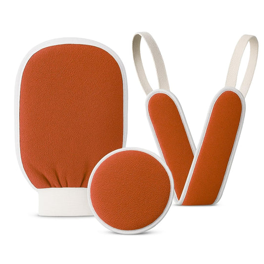 Exfoliating Glove Set (Original) – 3 Pieces Moroccan Hammam Scrub Mitts for Face, Body & Back – Deep Skin Cleansing & Dead Skin Removal – Reusable Spa Exfoliator – Assorted Colors (ORANGE)