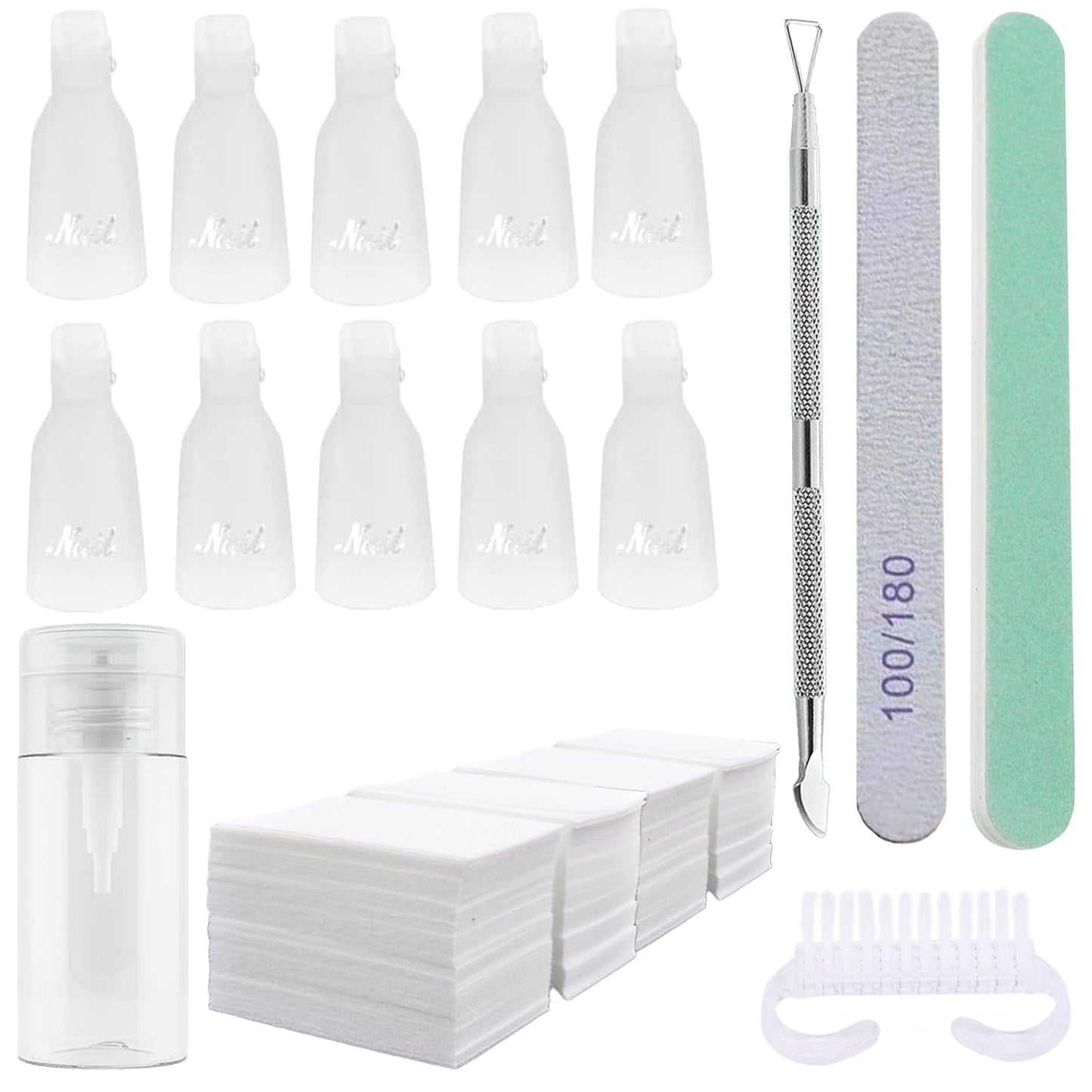 Ponjowl Gel Nail Polish Remover Kit with 10pcs White Nail Polish Remover Clips Cap, Acetone Nail Dispenser Bottle, Polish Cuticle Pusher, 400 PCS Cotton Pads, Handle Brushes, Nail File, Buffer Block.