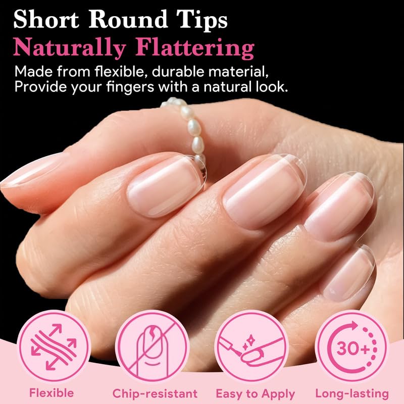 Short Round False Nail Tips, 15 Sizes 510 PCS Clear Soft Press On Fake Nail Pre-shaped Half Matte Full Cover Gel Nail Tips Extensions Strong Thick Long Lasting for DIY Beginners & Salon Manicure