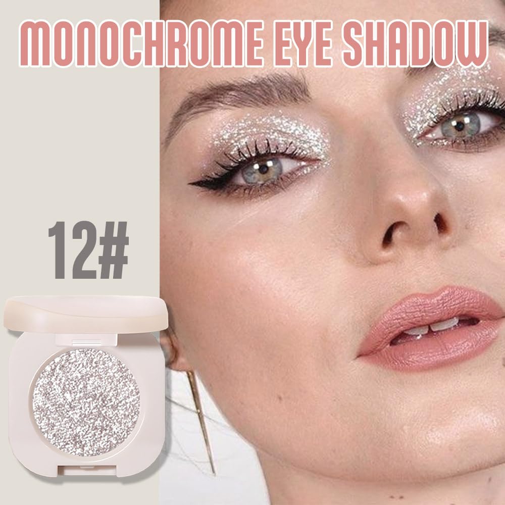 Monochrome Glittler Shimmer Eyeshadow Palette,Silver Gray White Shimmer Powder Eyeshadow,24 Hour Waterproof Pressed Glitter Single Eye Shadow Apply Makeup Easily