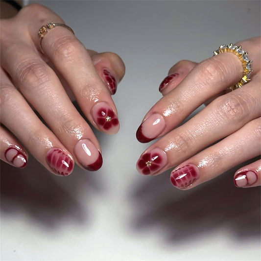 Red Press On Nails Short Oval, Summer Fall Fake Nails with Red French Tips and Elegant Petal Accent
