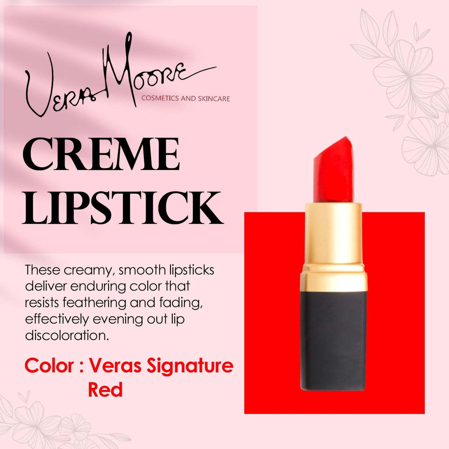 Vera Moore Cosmetics Soft Creme Lipstick - with Maximum Hydration & Moisture, Long Lasting Light Weight Opaque Color & Staying Power - Won't Feather or Fade - Fragrance & Paraben Free (Vera's Red)
