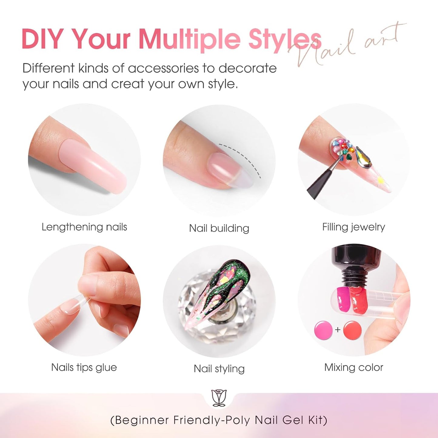 ROSALIND Poly Nail Gel Kit -34 Colors + White Brown Accessories Clear Nude Poly Nails Gel Starter Kit with Mini UV Lamp Slip Solution Nude Pink Extensions Set