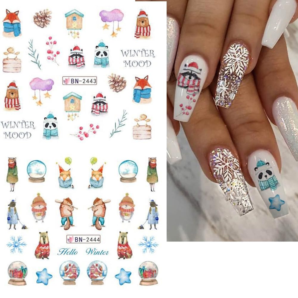 Snowflake Nail Art Stickers Decals Christmas Decorations - 12 Sheets Winter Snowman Elk Penguin Bear Design Water Transfer Slider Foils Supplies for Women DIY Acrylic
