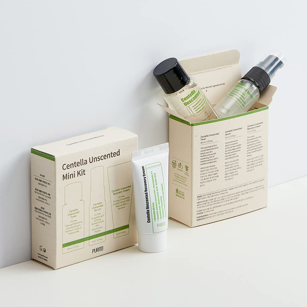 PURITO Centella Unscented line Travel kit (Mini) / Toner 30ml, Serum 15ml, Cream 12ml