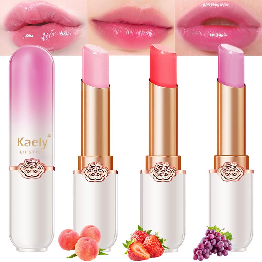 Kaely 3Pcs Peach Strawberry Grape Hydrating Lipstick Tinted Lip Balm, Color Changing PH Lipstick Makeup, Korean Magic Lip Stain Long Lasting Waterproof, labiales magicos 24 horas originales