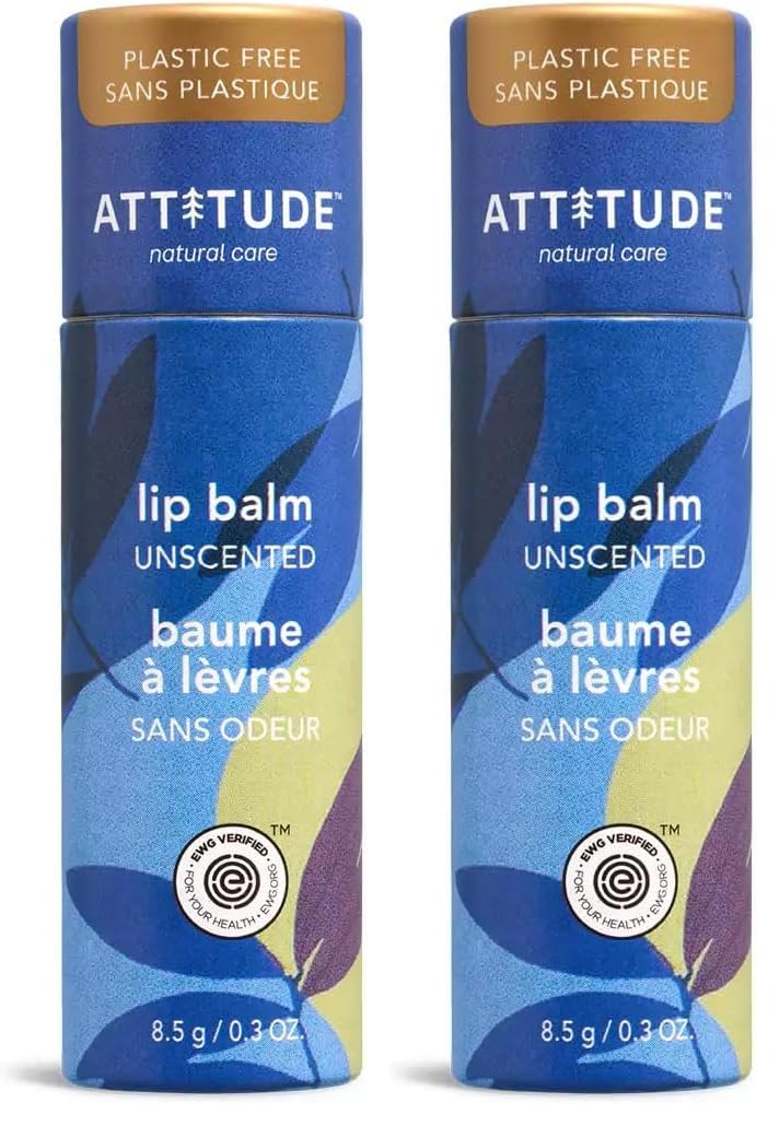 ATTITUDE Plastic-free Lip Balm, EWG Verified Plant- and Mineral-Based Ingredients, Vegan and Cruelty-free Personal Care Products, Unscented, 0.3 Oz (Pack of 2)