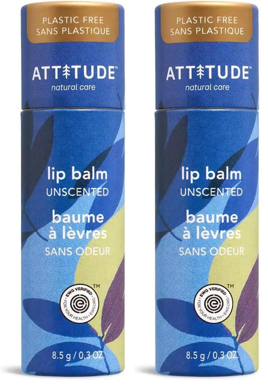 ATTITUDE Plastic-free Lip Balm, EWG Verified Plant- and Mineral-Based Ingredients, Vegan and Cruelty-free Personal Care Products, Unscented, 0.3 Oz (Pack of 2)