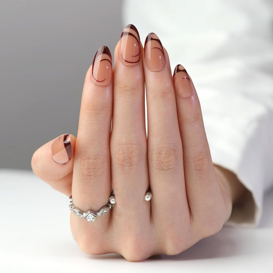 Nude Almond Press on Nails Short, Fall French Fake Nails with Unique Elegant Shaped Burgundy French