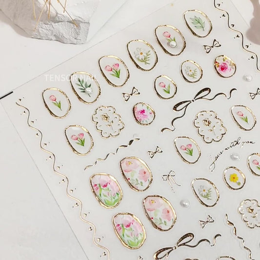 5D Embossed Flower Retro Mirror Nail Stickers Irregular Geometric Frames Nail Stickers Vintage Gold