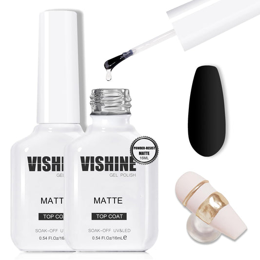 Vishine 2 Pcs 16ml Matte Top Coat Gel for Gel Nail Polish, Powder-Resist Matte Finish for Detail